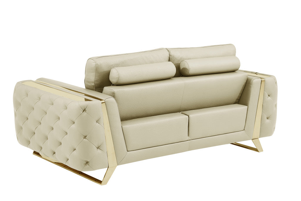 72" Contemporary Beige Genuine Leather Loveseat with Gold Legs