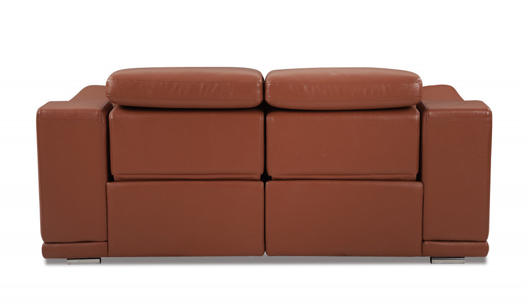 72" Camel Italian Leather Power Reclining Loveseat with Silver Legs