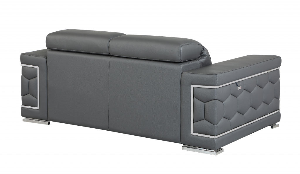 71" Modern Dark Gray Genuine Leather Loveseat with Silver Legs