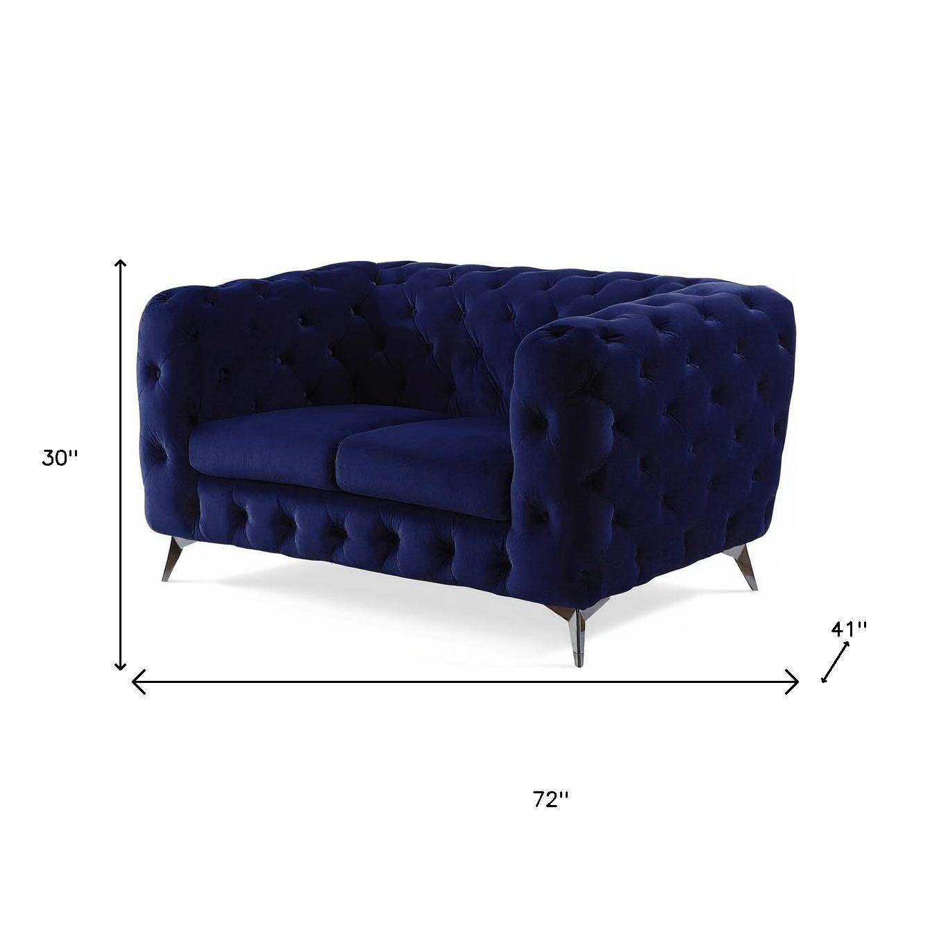 72" Modern Blue Velvet Loveseat with Silver Legs
