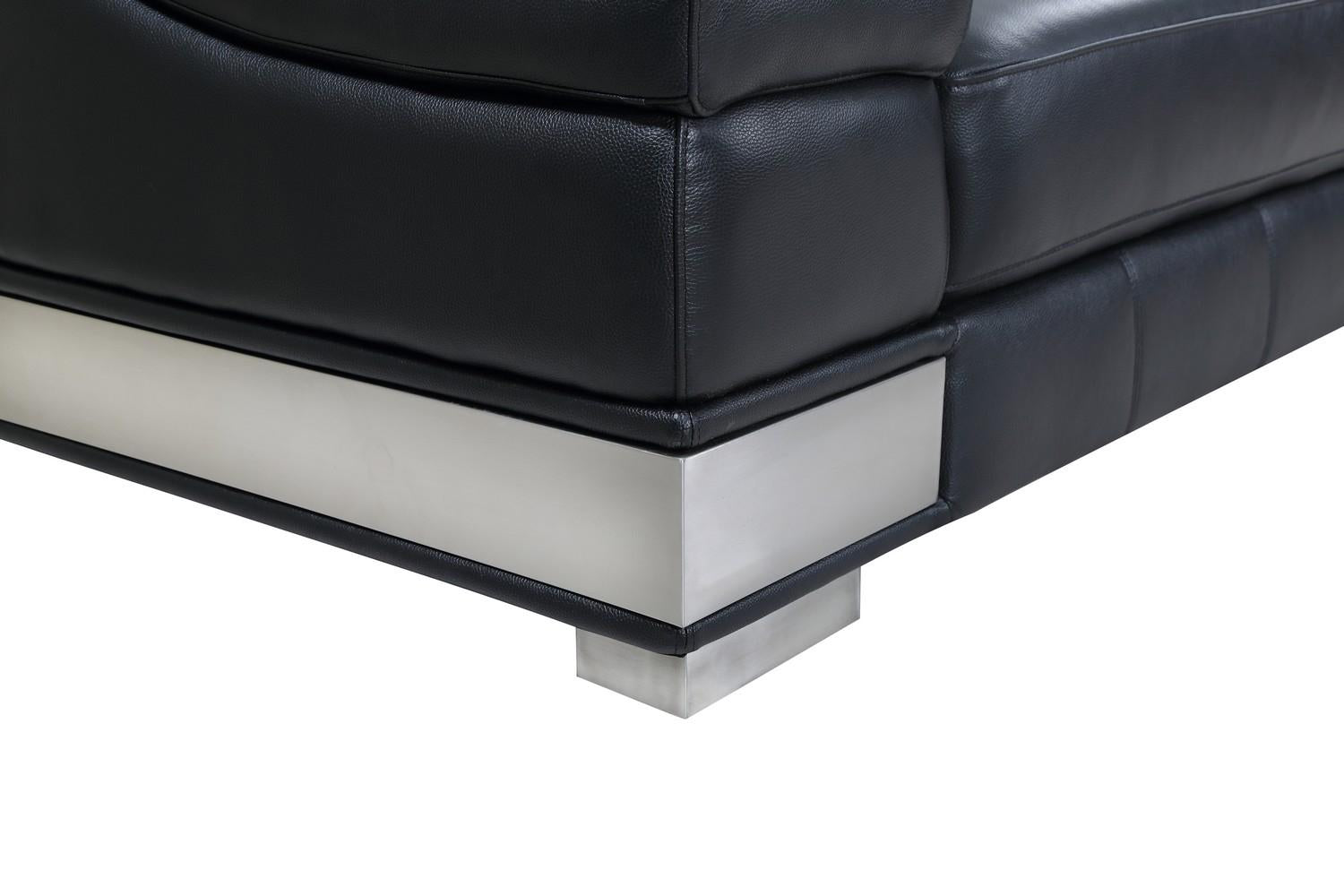 92" Contemporary Black Italian Leather Sofa with Silver Legs