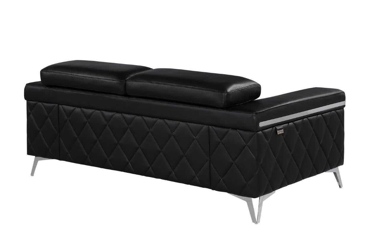 70" Contemporary Black Top Grain Leather Loveseat with Silver Metallic Legs