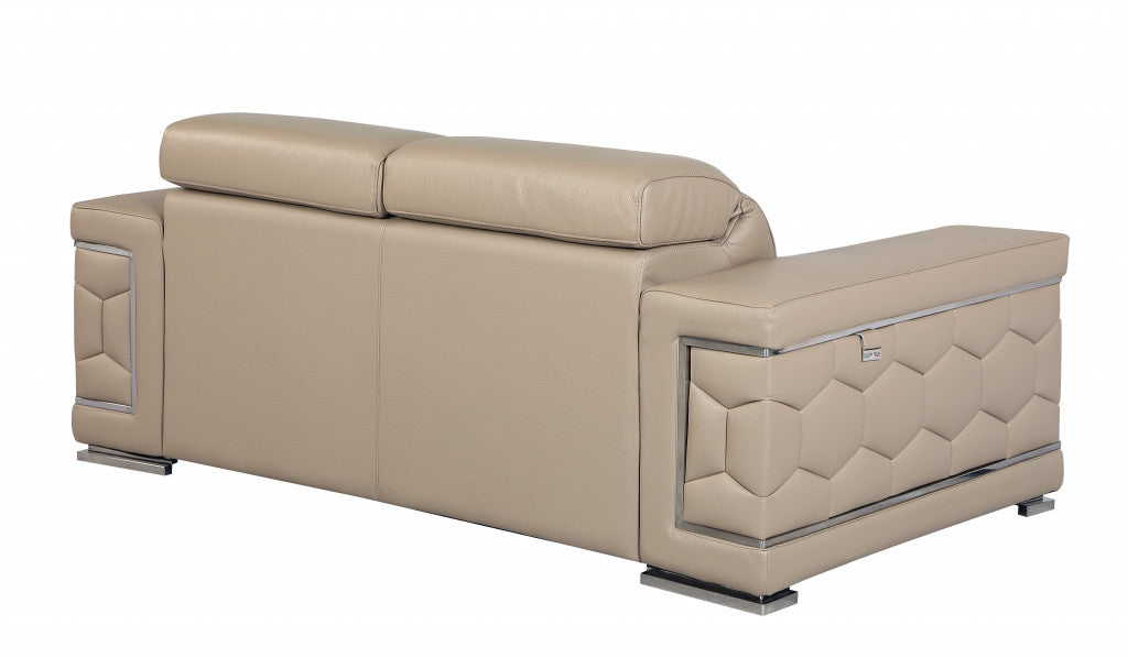 71" Modern Beige Genuine Leather Loveseat with Silver Legs