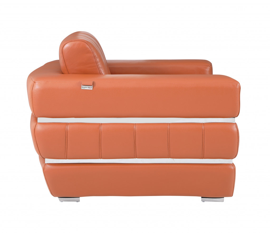 89" Modern Camel Italian Leather Sofa with Silver Legs