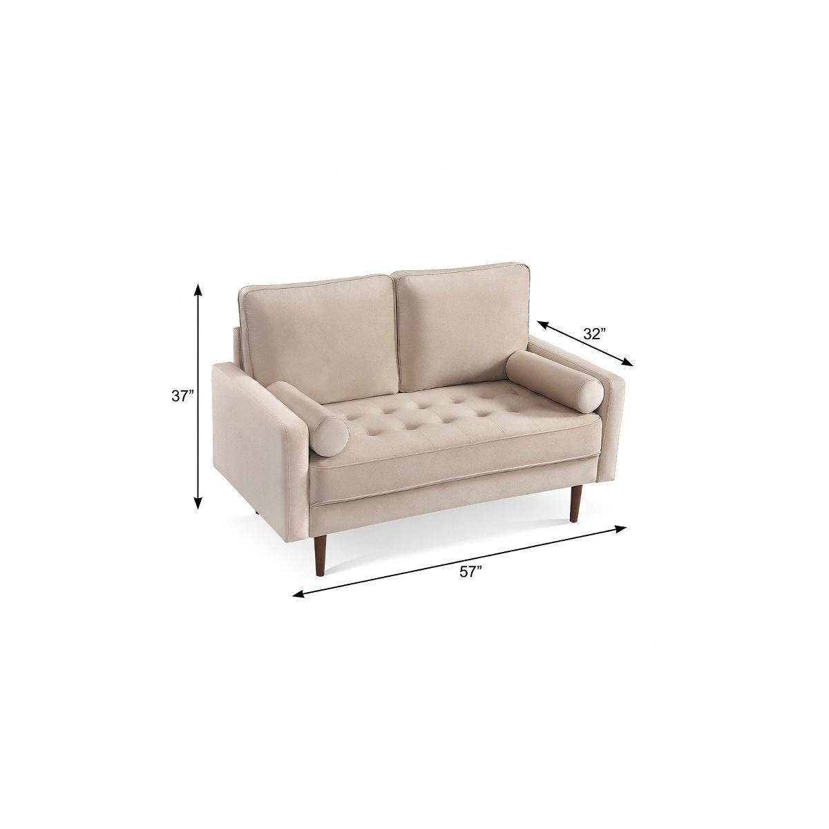 57" Mid-Century Beige Velvet Loveseat with Dark Brown Wood Legs