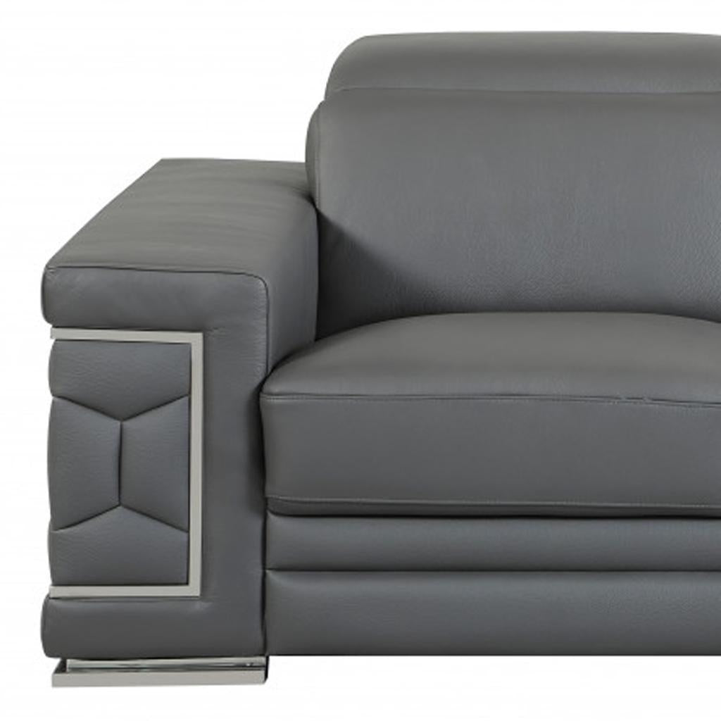 71" Modern Dark Gray Genuine Leather Loveseat with Silver Legs