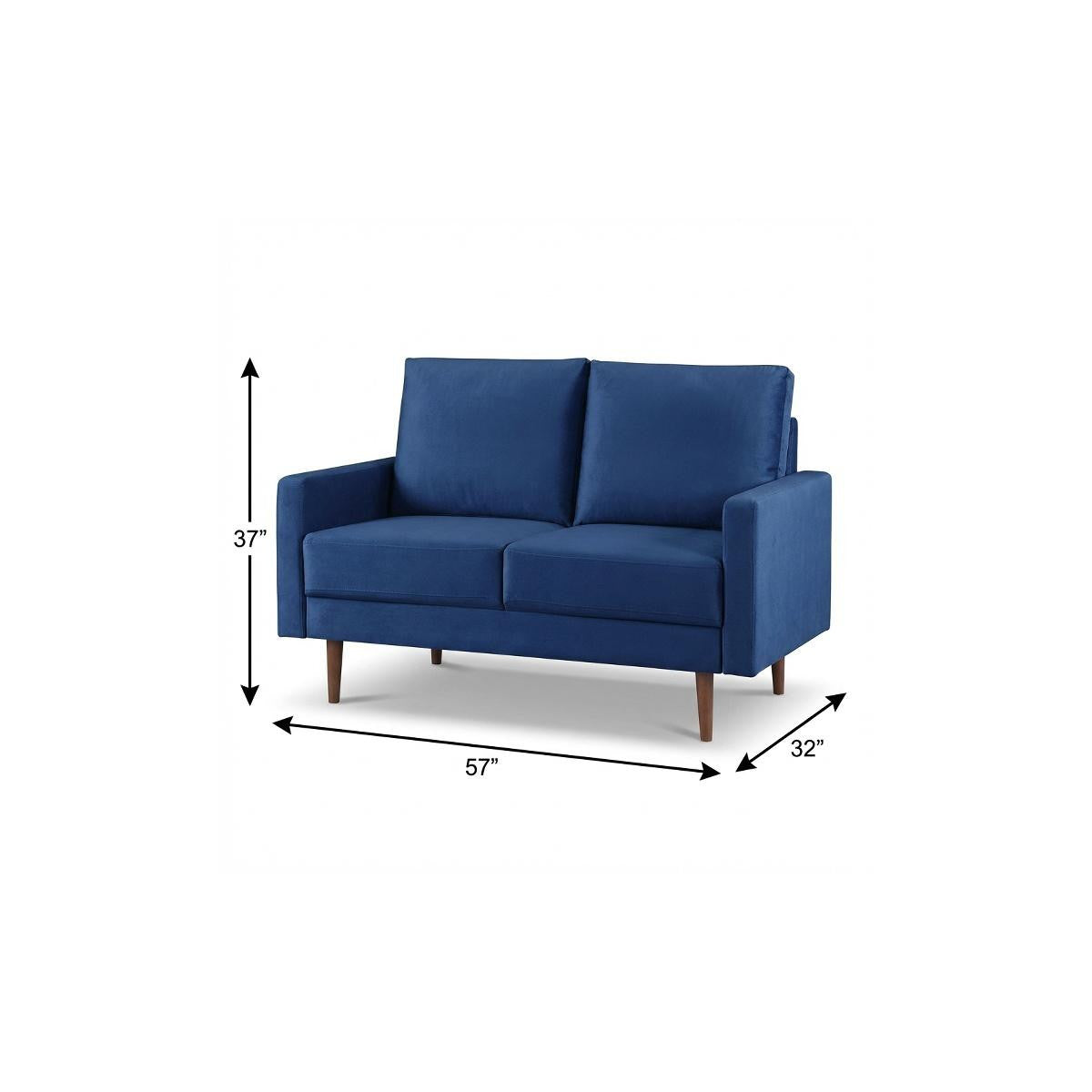 57" Modern Blue Velvet Loveseat with Dark Brown Wood Legs