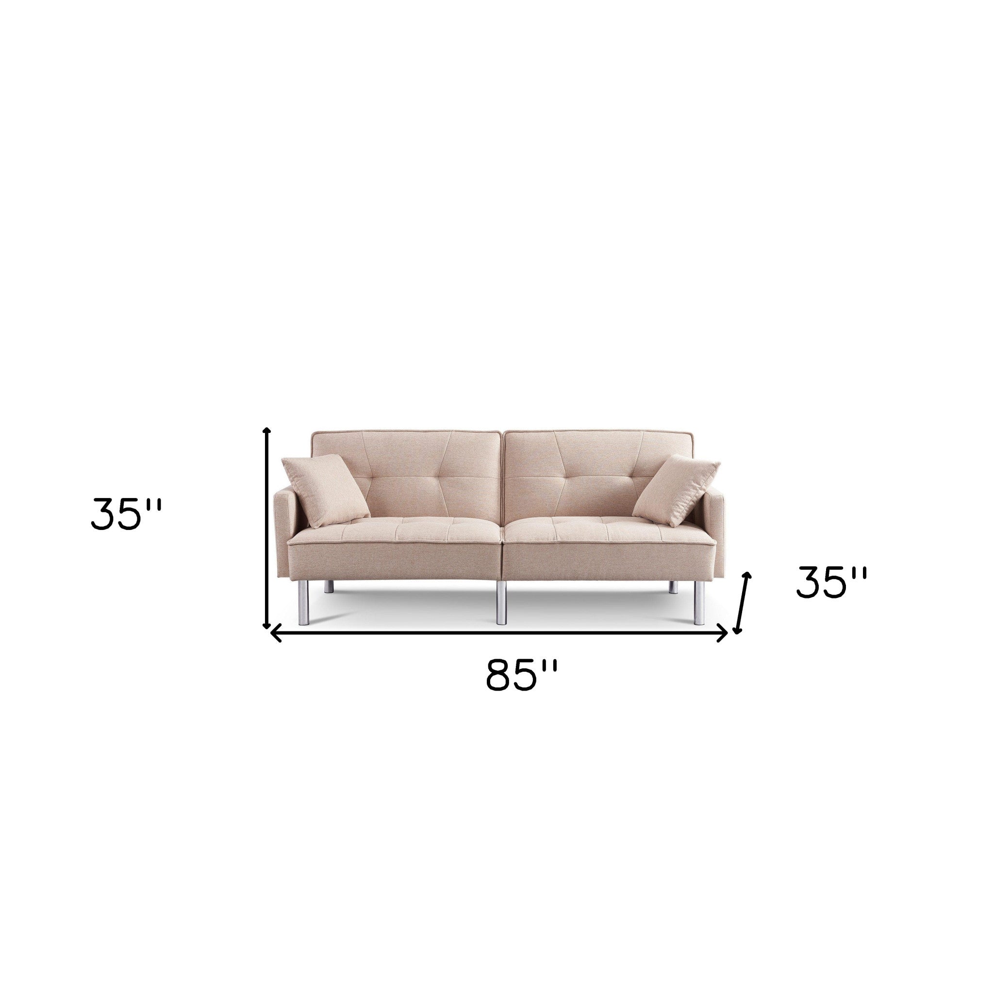 85" Modern Beige Polyester Blend Convertible Futon Sleeper Sofa with Silver Legs