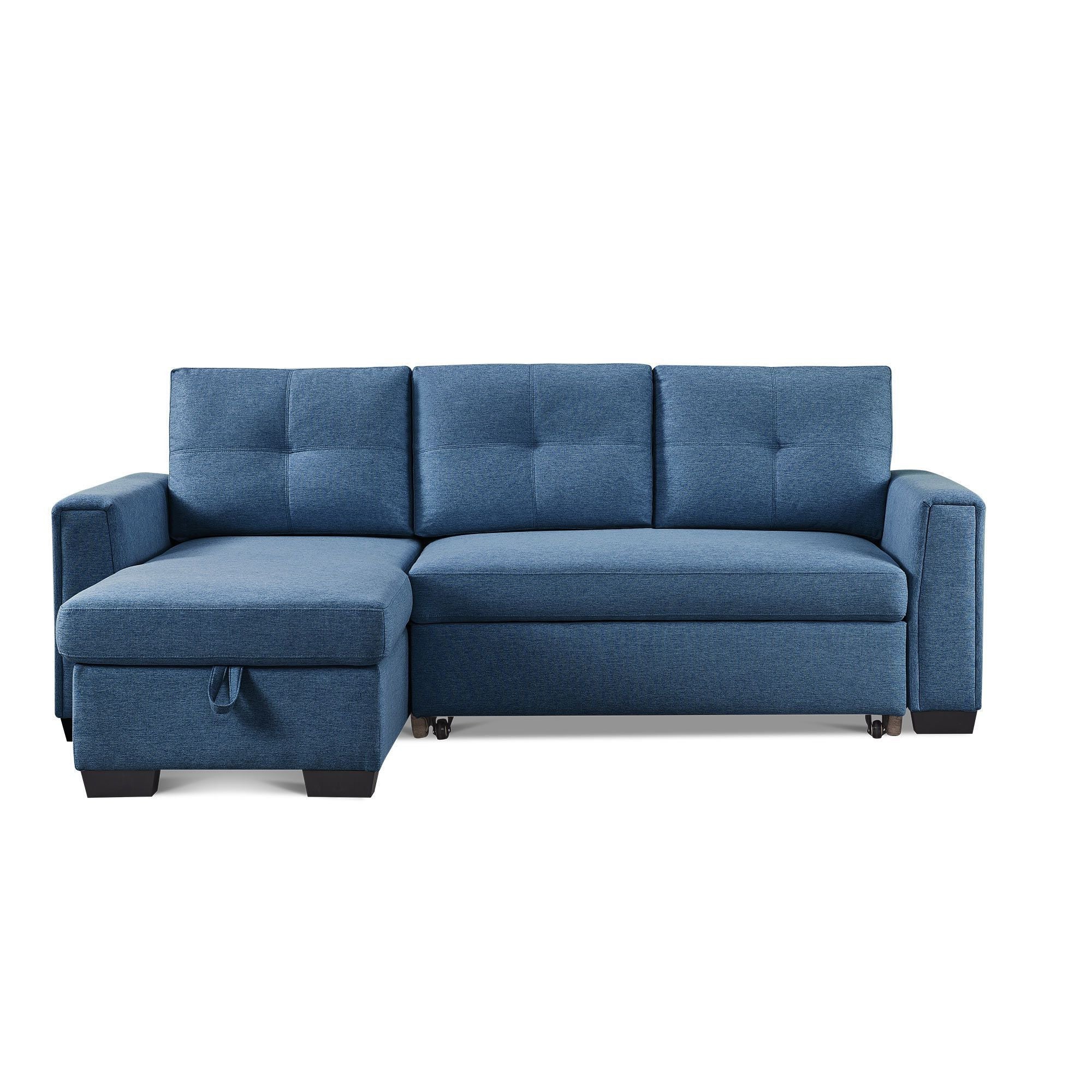 92" Modern Blue Polyester Blend Convertible Futon Sleeper Sofa with Black Legs