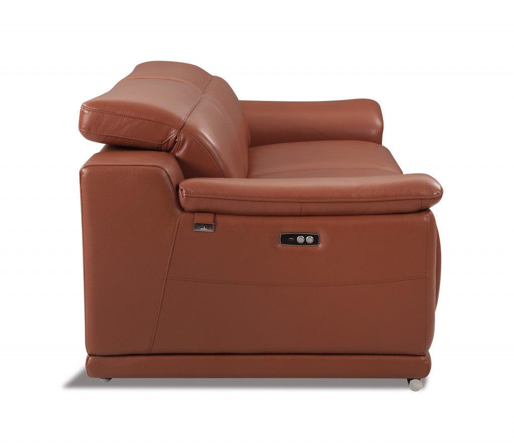 72" Camel Italian Leather Power Reclining Loveseat with Silver Legs