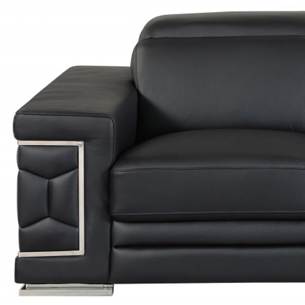 71" Modern Black Genuine Leather Loveseat with Silver Legs