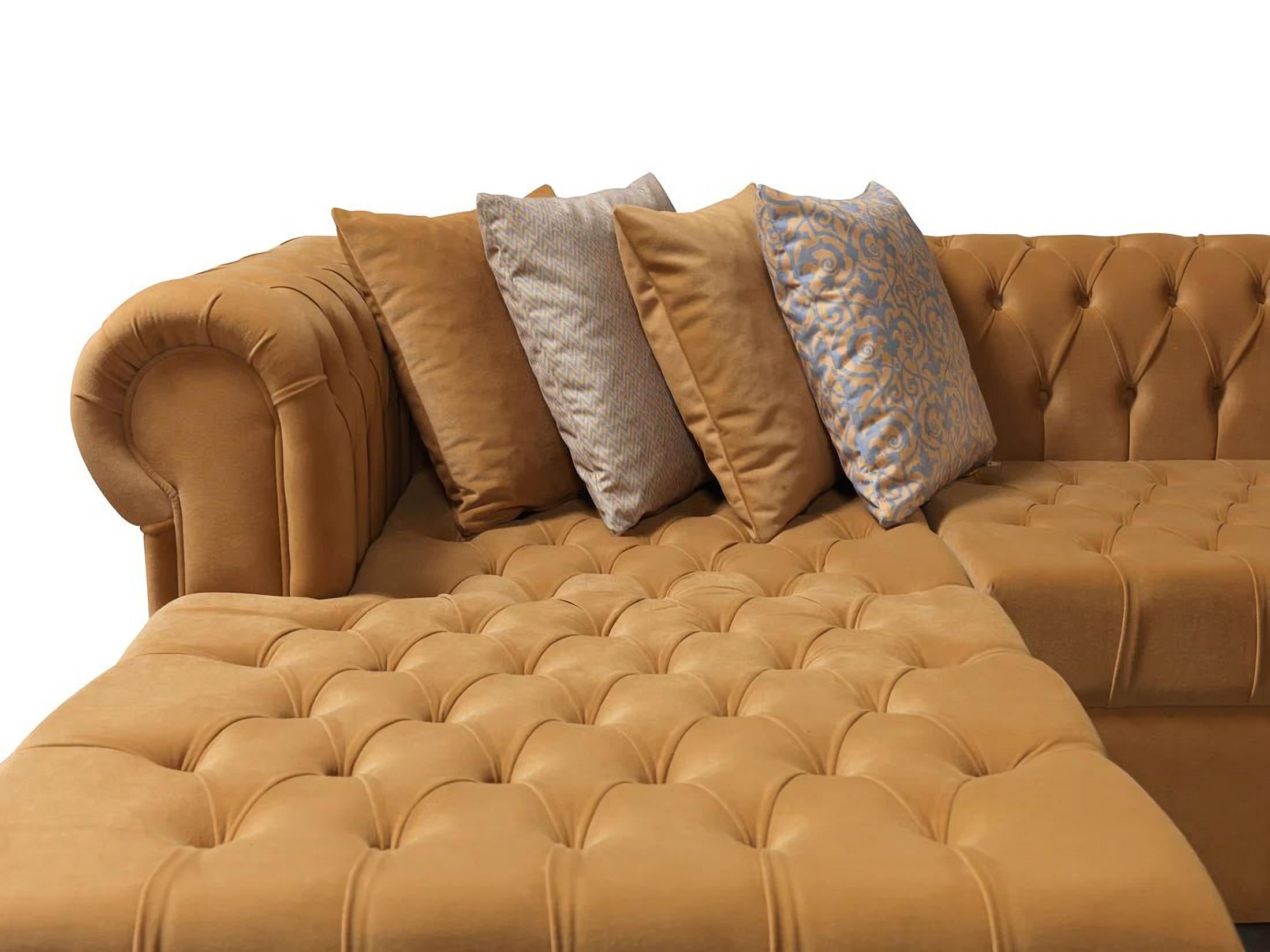 Modern Glam Mustard Velvet U-Shaped 3-Piece Symmetrical Sofa and Chaise Sectional