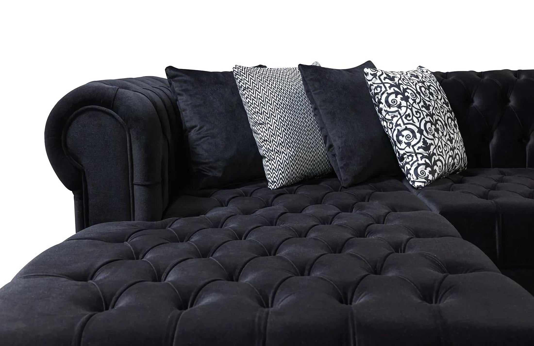 Modern Black Velvet U-Shaped 3-Piece Symmetrical Sofa and Chaise Sectional