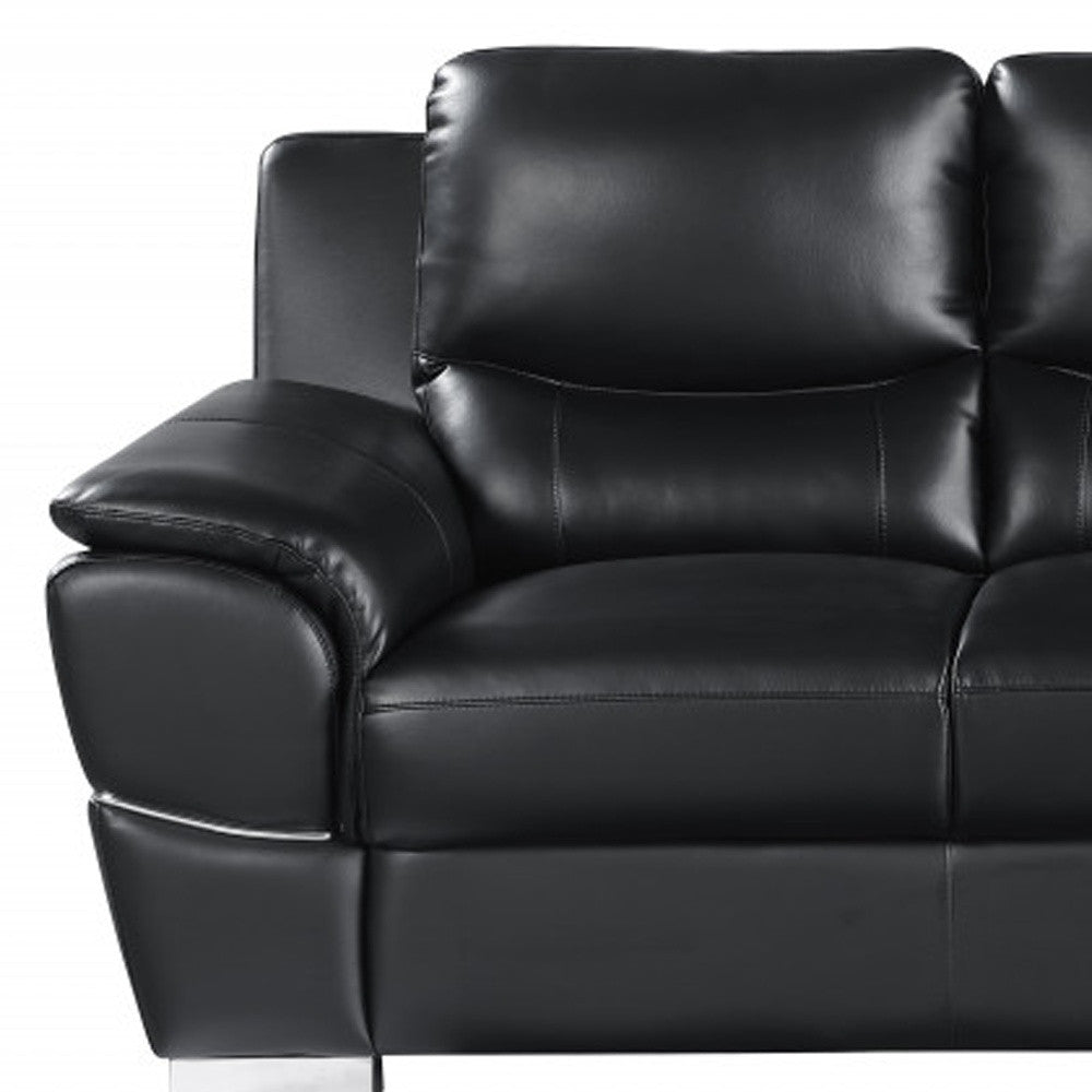 85" Modern Black Leather Sofa with Silver Stainless Steel Legs