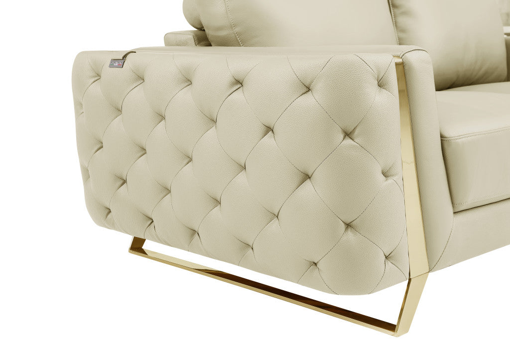 72" Contemporary Beige Genuine Leather Loveseat with Gold Legs