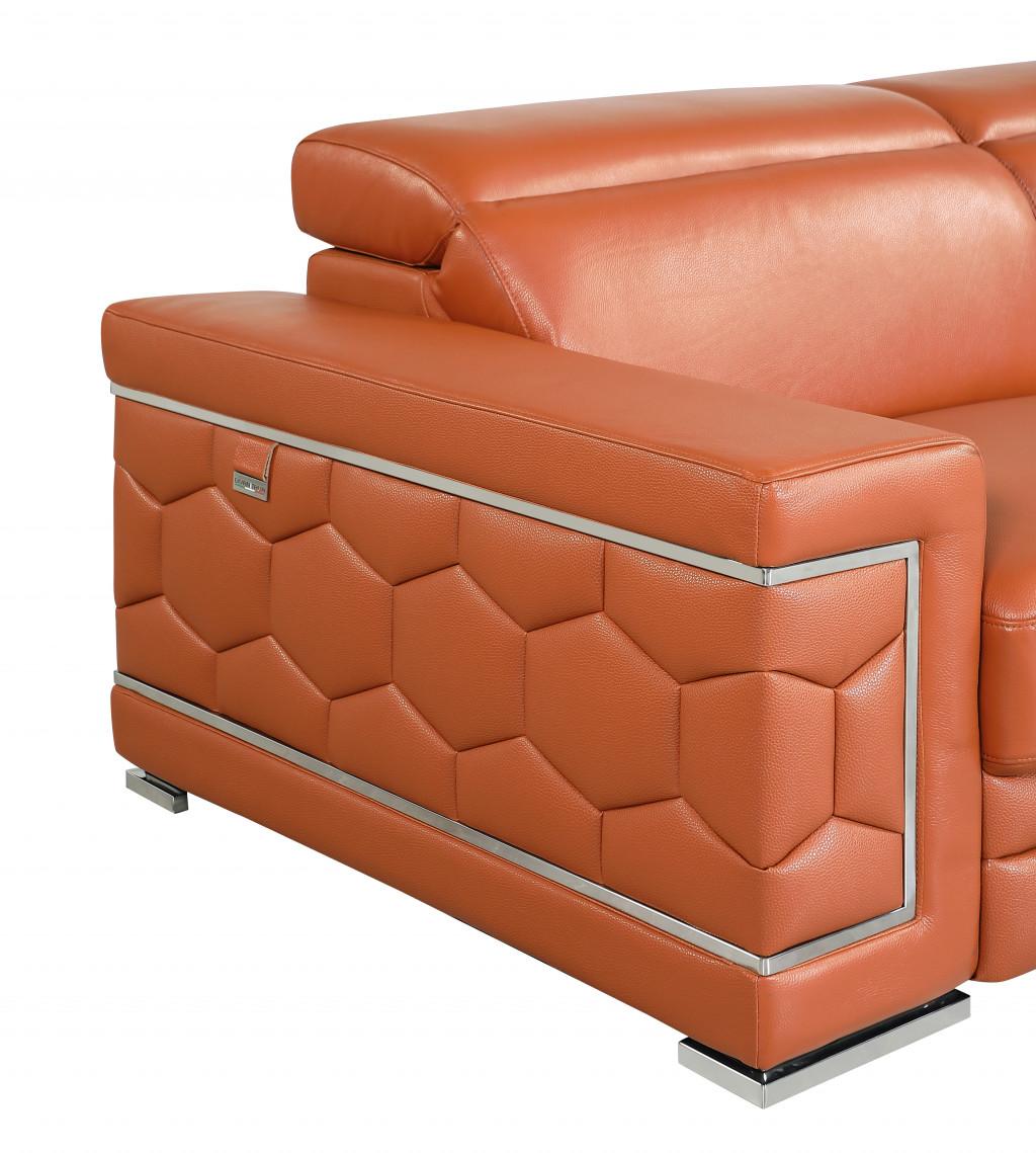 71" Camel Genuine Leather Loveseat with Silver Legs