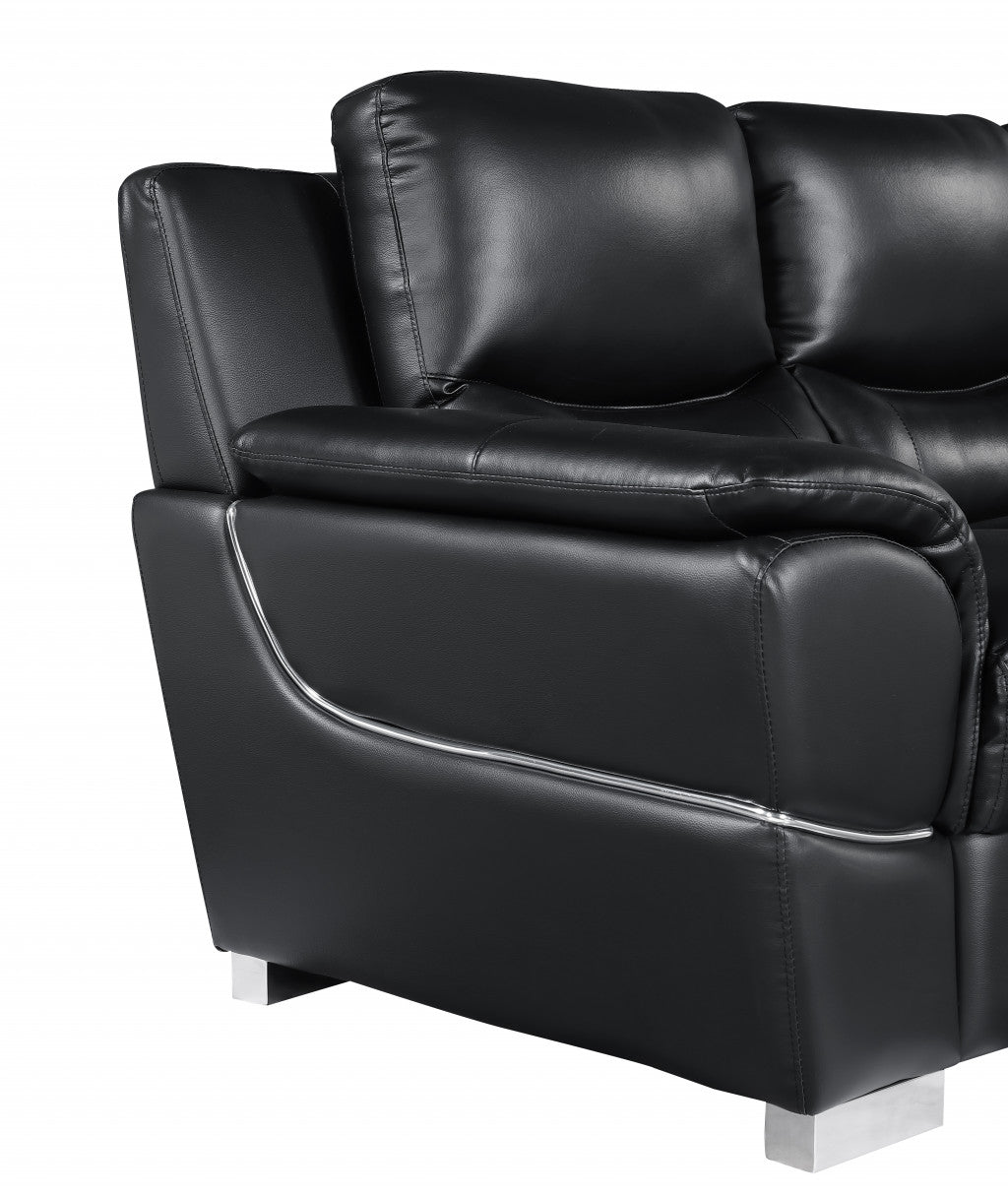 85" Modern Black Leather Sofa with Silver Stainless Steel Legs