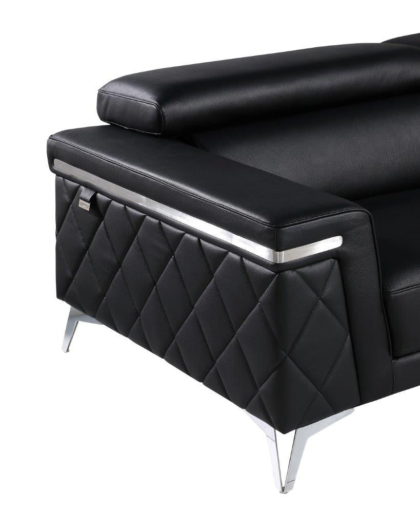70" Contemporary Black Top Grain Leather Loveseat with Silver Metallic Legs