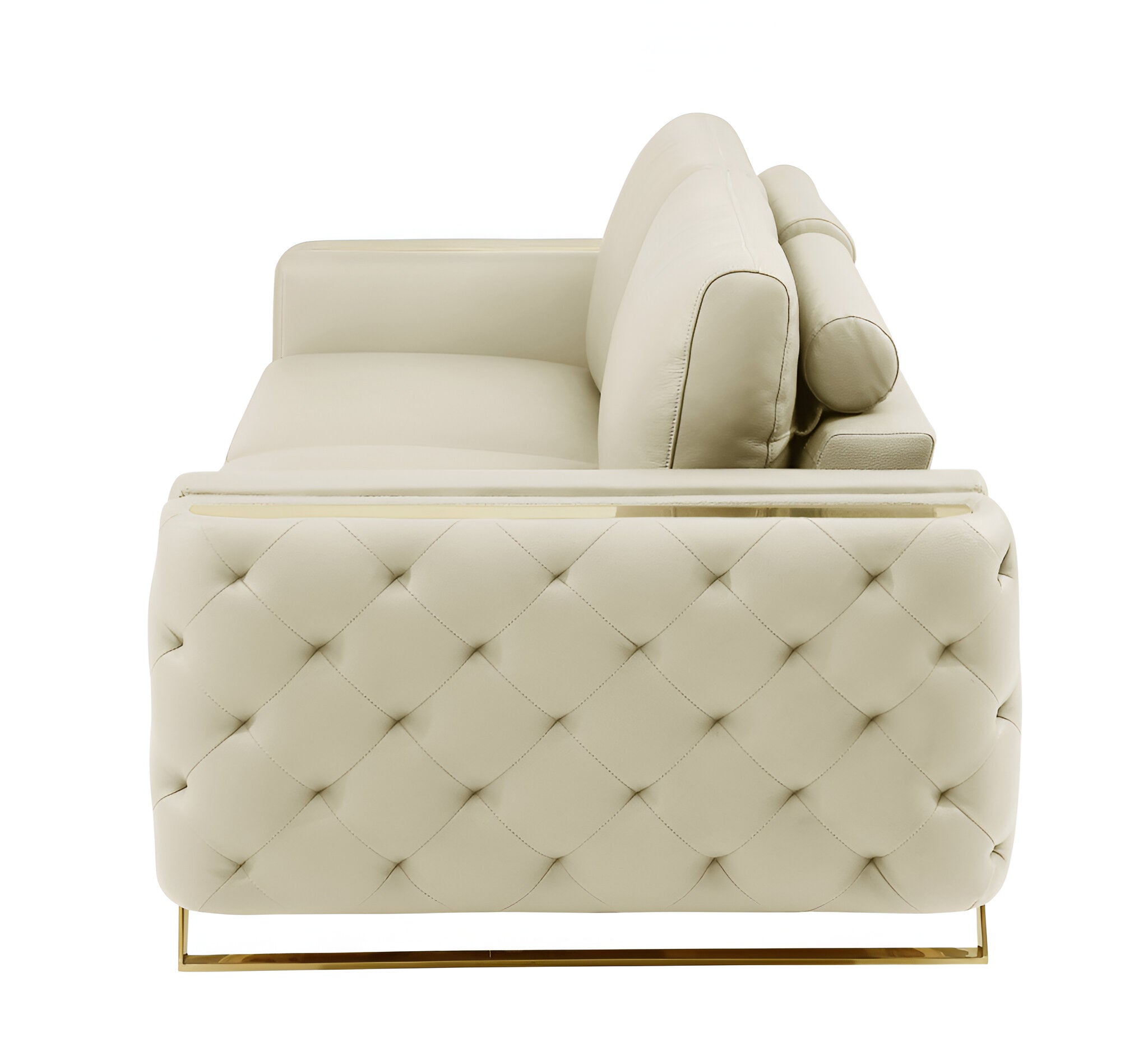 90" Contemporary Beige Italian Full Grain Leather Sofa with Gold Legs