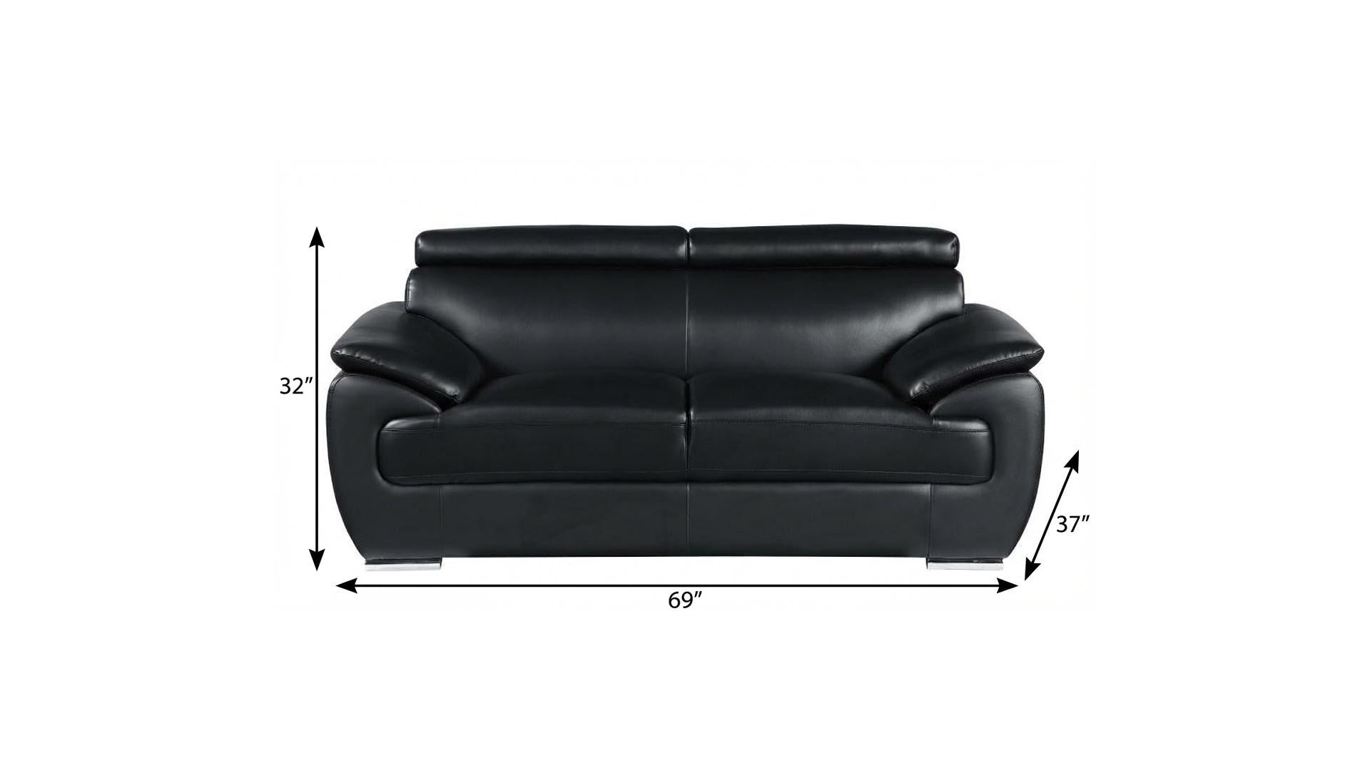 69" Modern Black Faux Leather Loveseat with Silver Chrome Legs