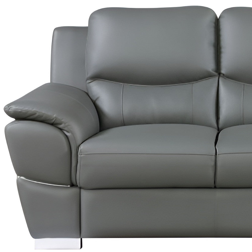 85" Modern Gray Leather Sofa with Silver Stainless Steel Legs