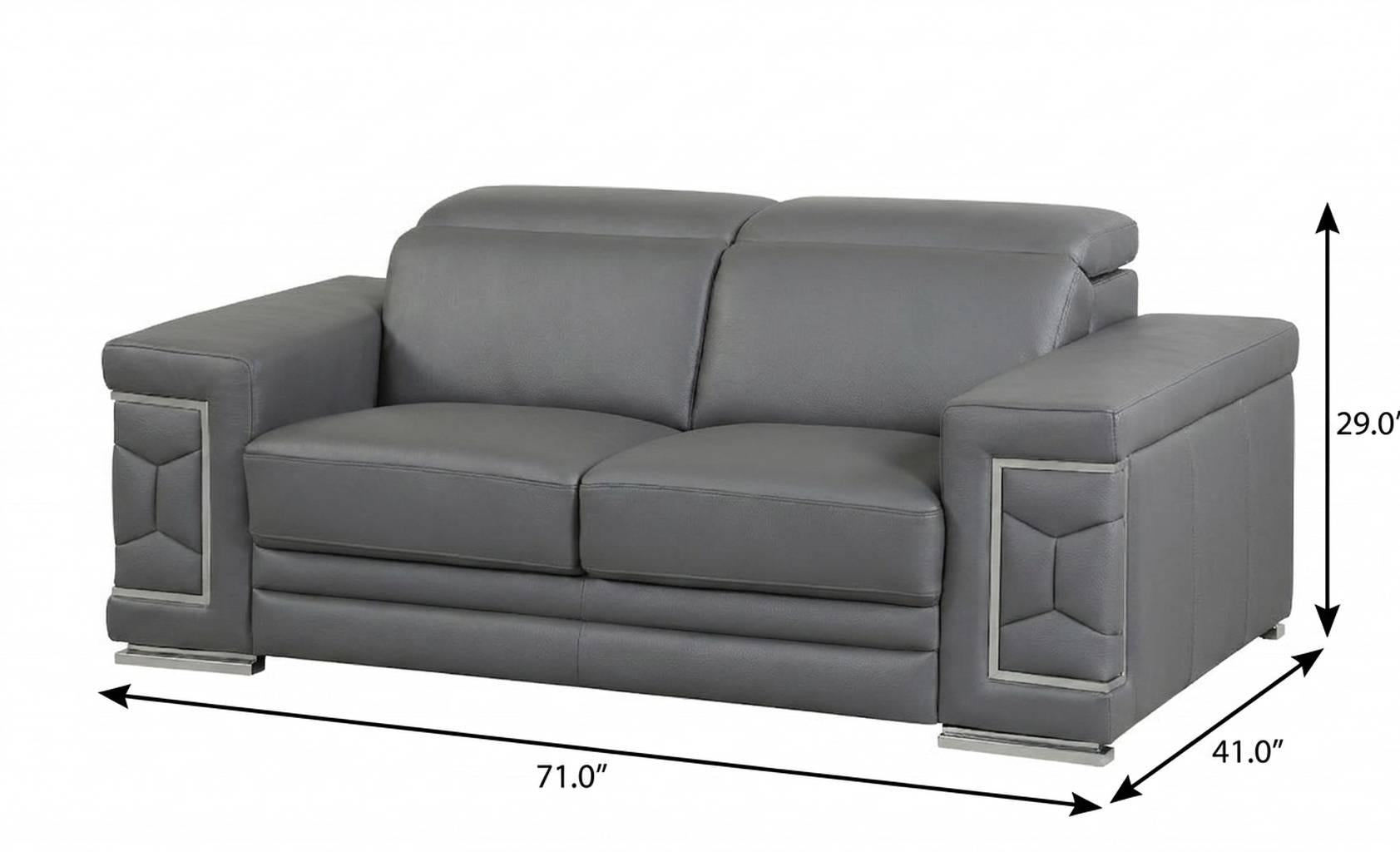 71" Modern Dark Gray Genuine Leather Loveseat with Silver Legs