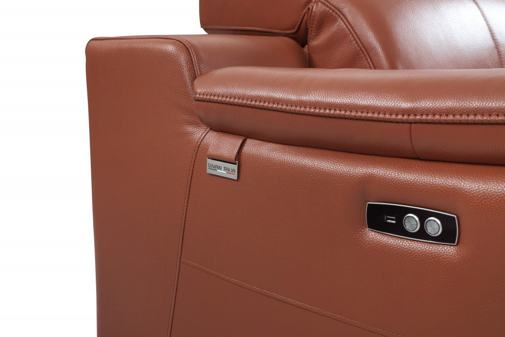 72" Camel Italian Leather Power Reclining Loveseat with Silver Legs