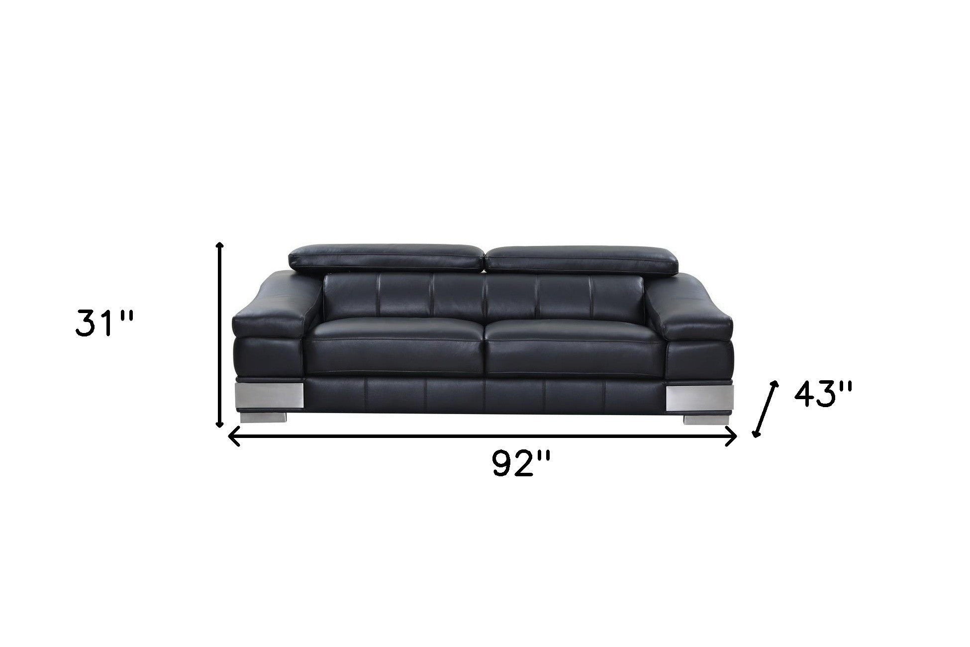 92" Contemporary Black Italian Leather Sofa with Silver Legs