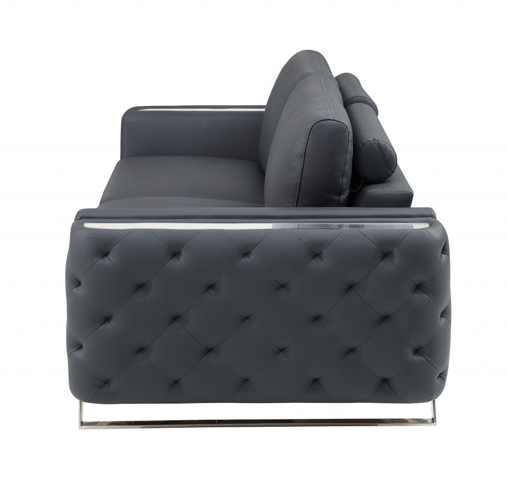 90" Contemporary Gray Italian Full Grain Leather Sofa with Silver Legs