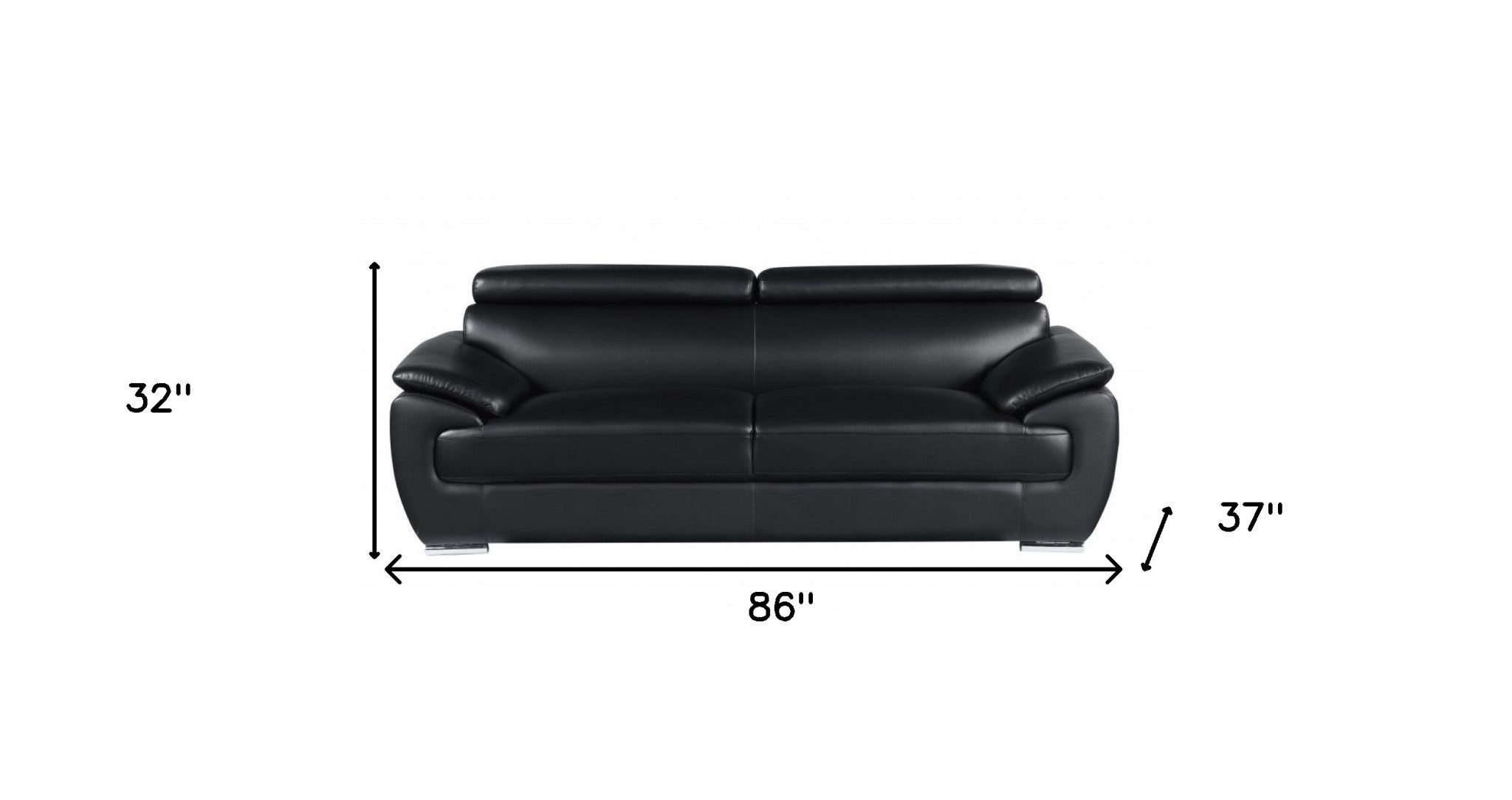 86" Modern Black Leather Sofa with Silver Stainless Steel Legs
