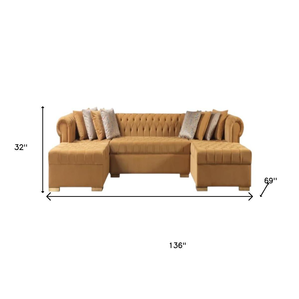 Modern Glam Mustard Velvet U-Shaped 3-Piece Symmetrical Sofa and Chaise Sectional