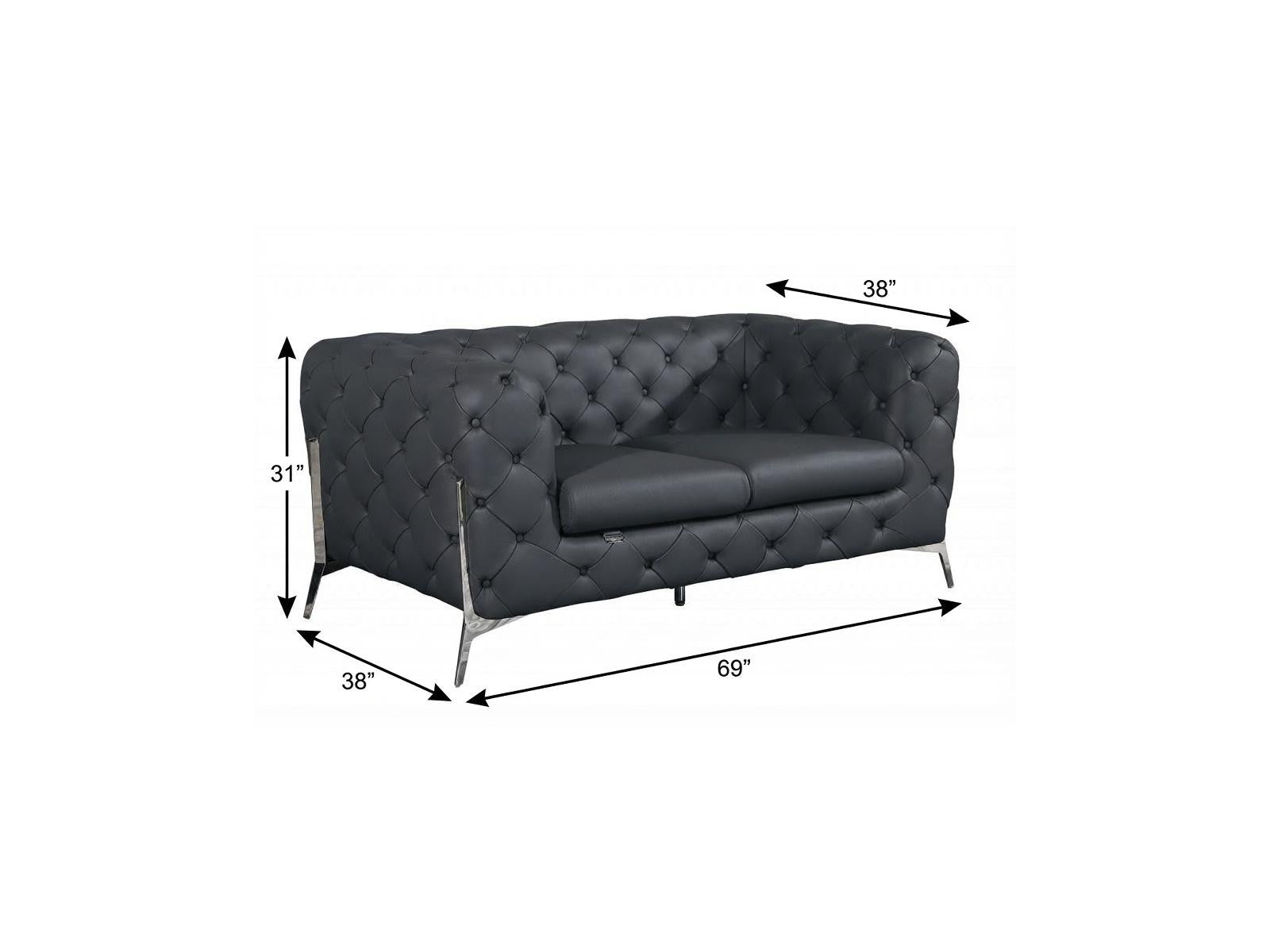 69" Modern Gray Italian Leather Loveseat with Silver Legs