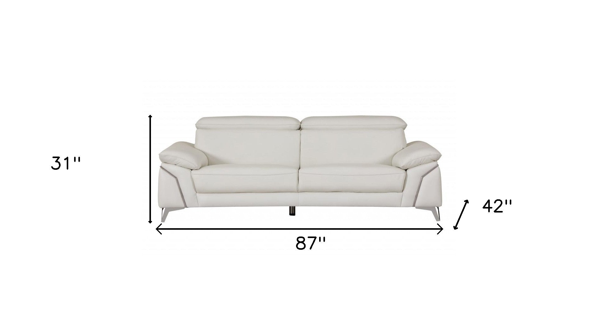 87" Modern White Italian Leather Sofa with Silver Legs