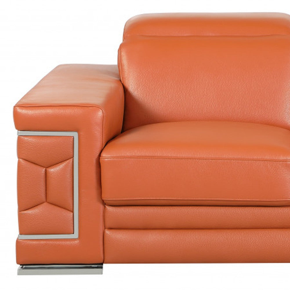 71" Camel Genuine Leather Loveseat with Silver Legs