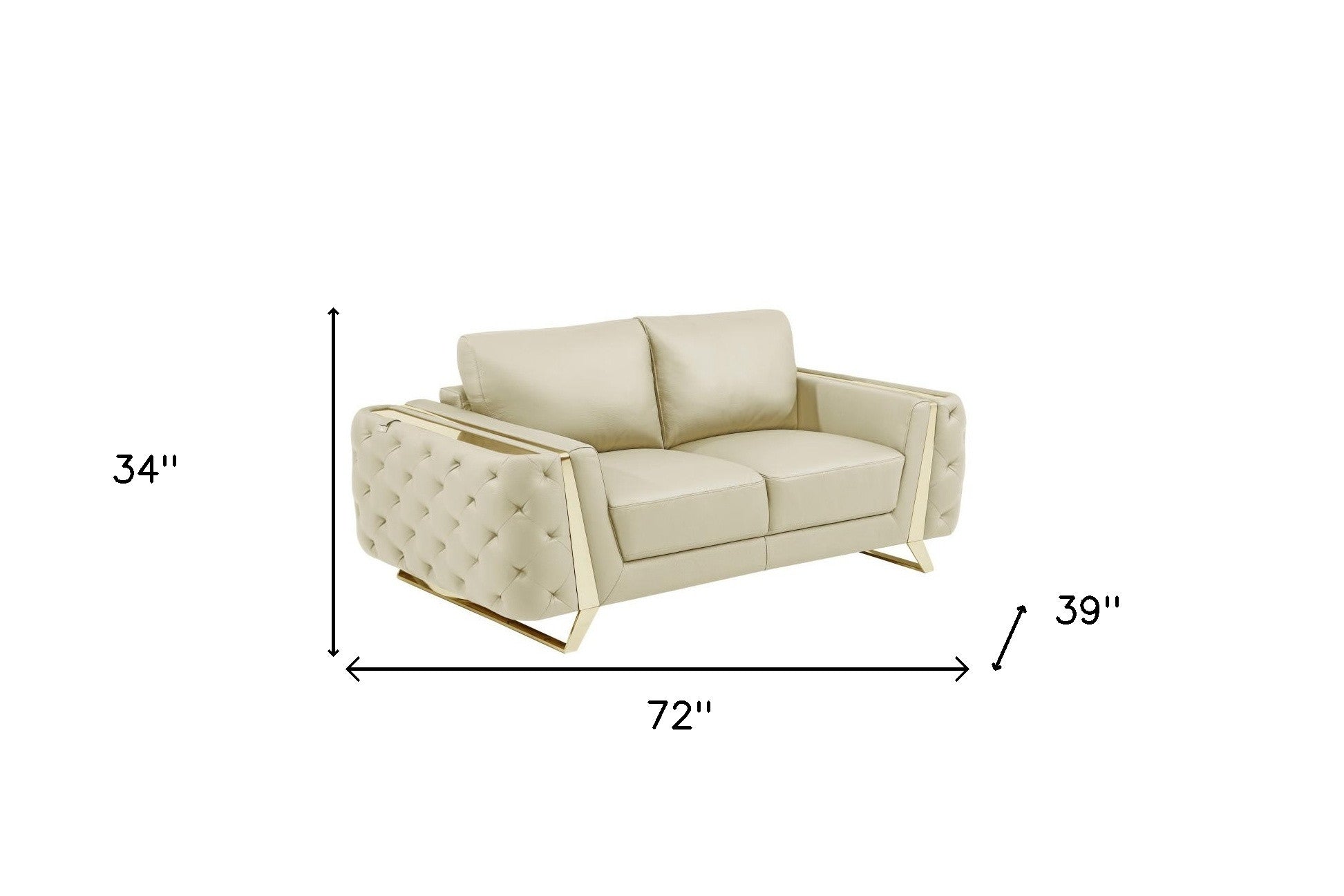 72" Contemporary Beige Genuine Leather Loveseat with Gold Legs
