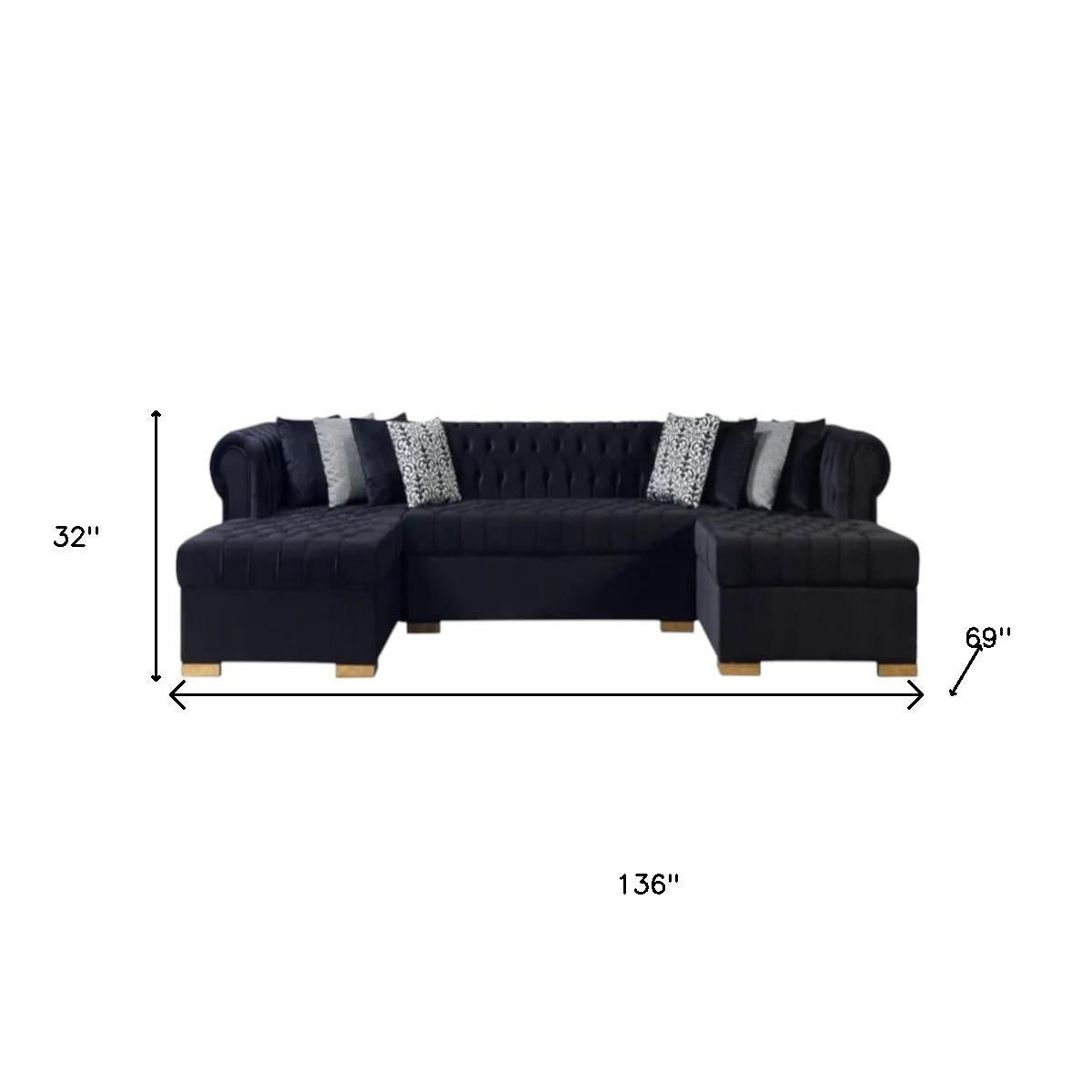Modern Black Velvet U-Shaped 3-Piece Symmetrical Sofa and Chaise Sectional