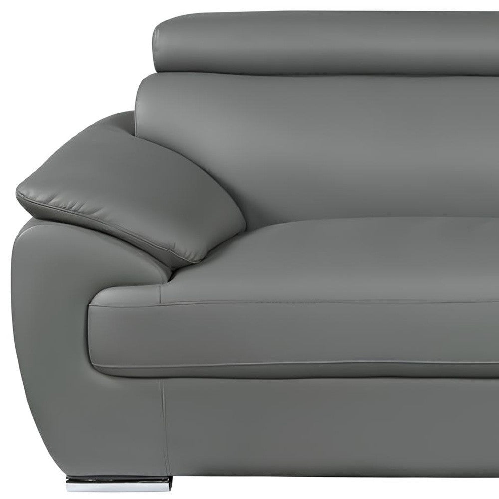 86" Modern Gray Leather Sofa with Silver Stainless Steel Legs