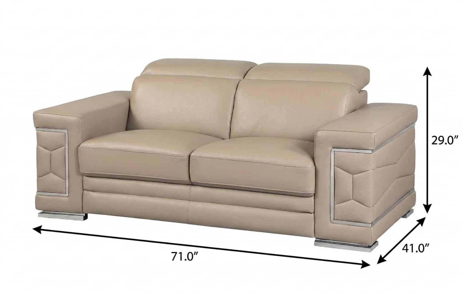 71" Modern Beige Genuine Leather Loveseat with Silver Legs