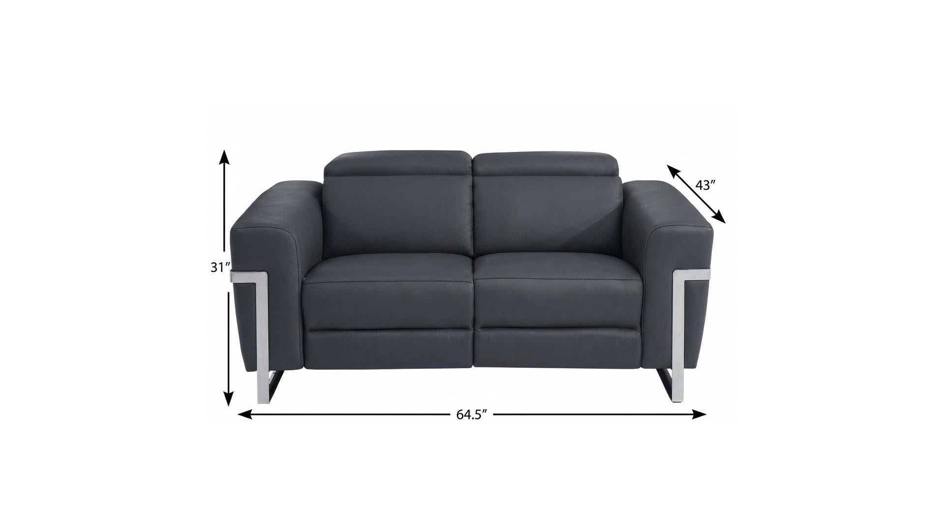 65" Gray Italian Leather Power Reclining Loveseat with Silver Legs