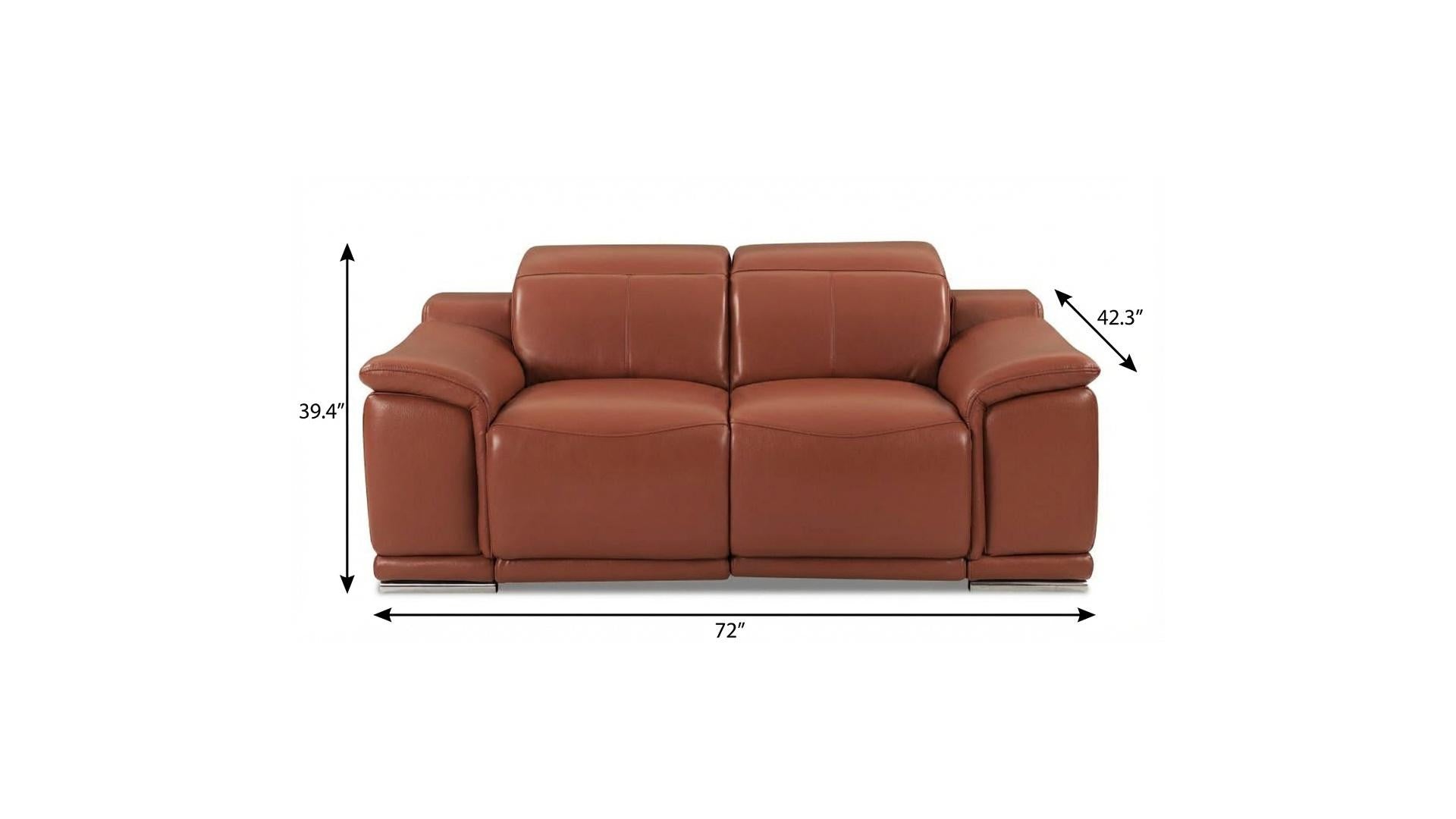 72" Camel Italian Leather Power Reclining Loveseat with Silver Legs