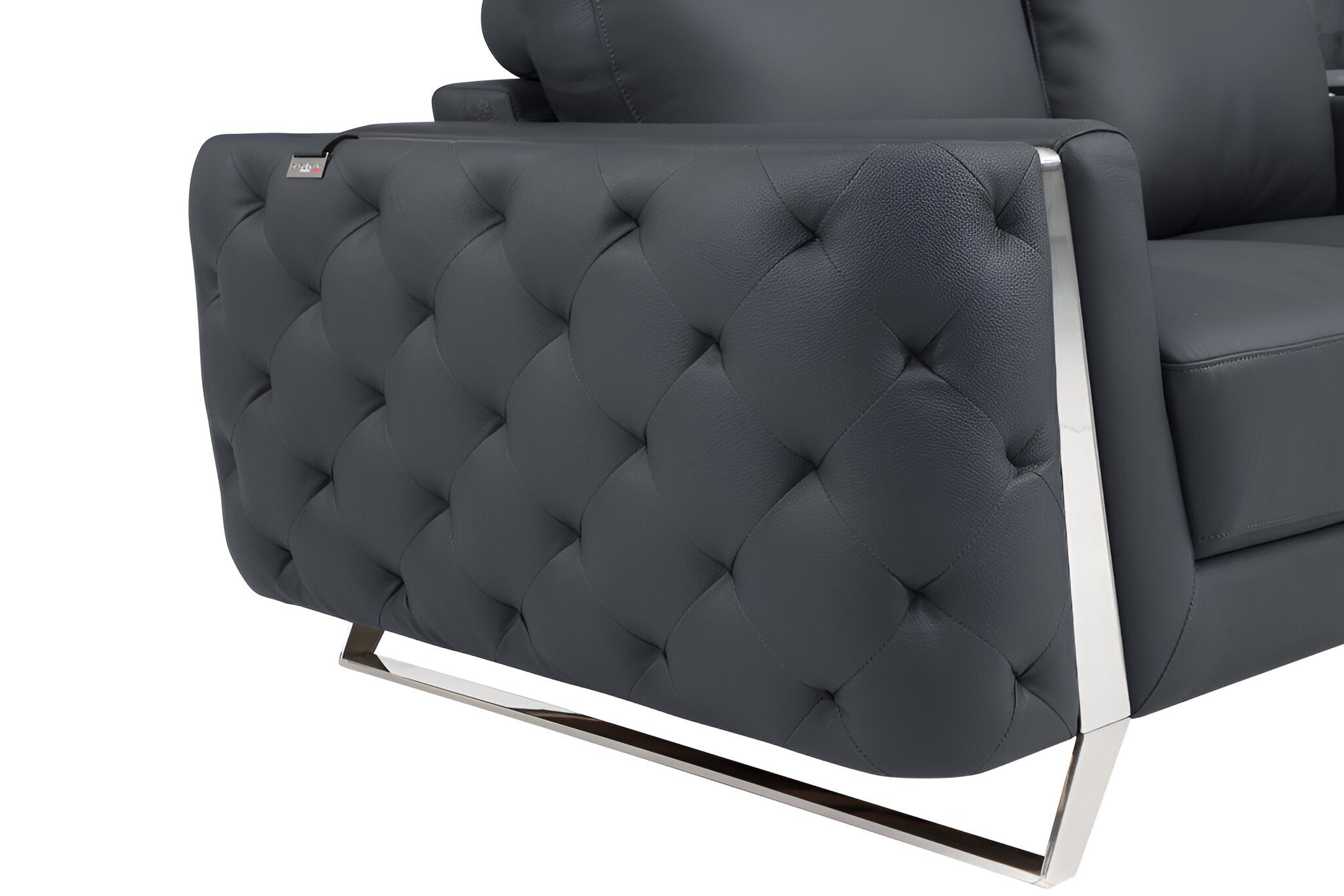 90" Contemporary Gray Italian Full Grain Leather Sofa with Silver Legs