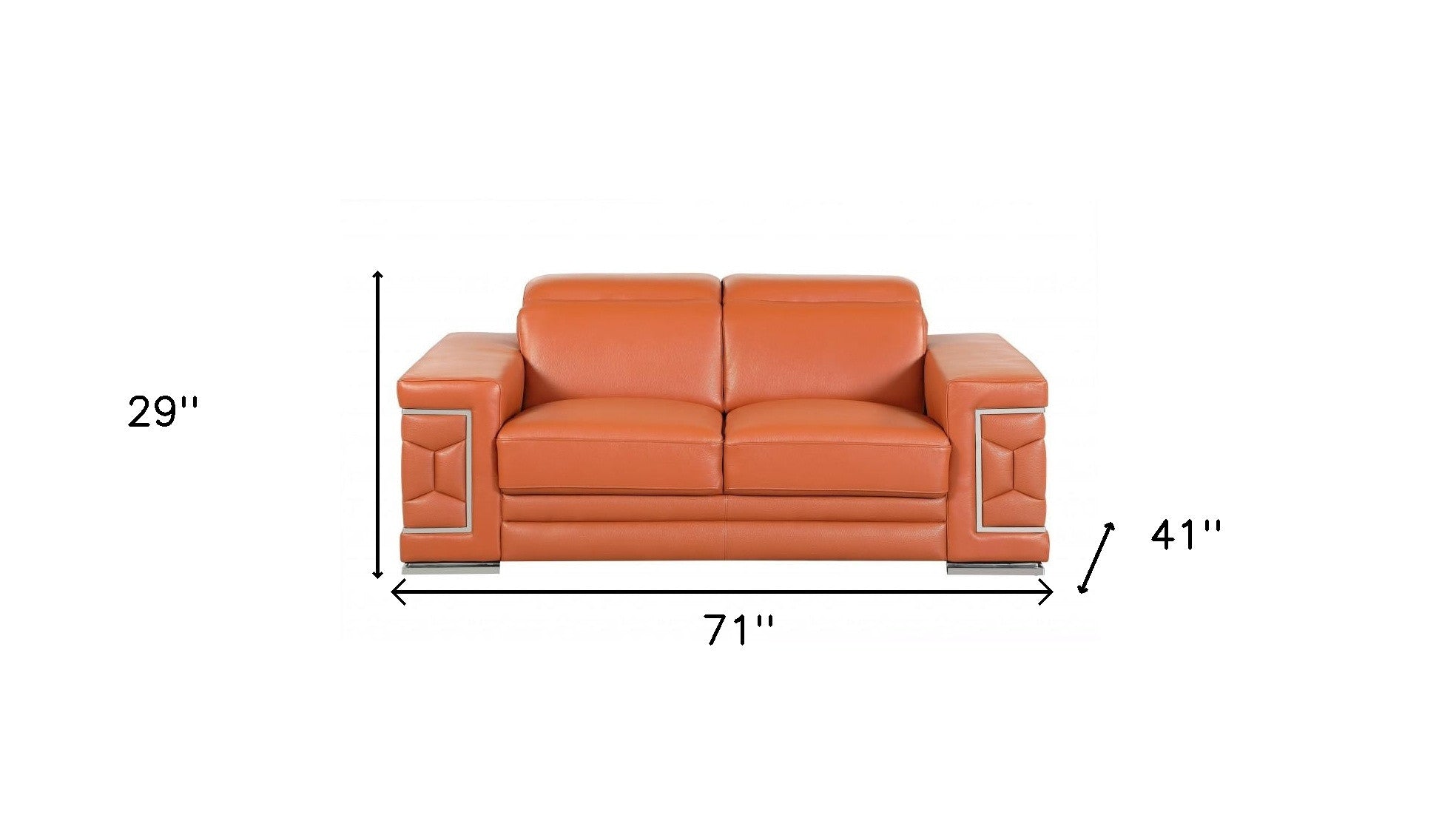 71" Camel Genuine Leather Loveseat with Silver Legs