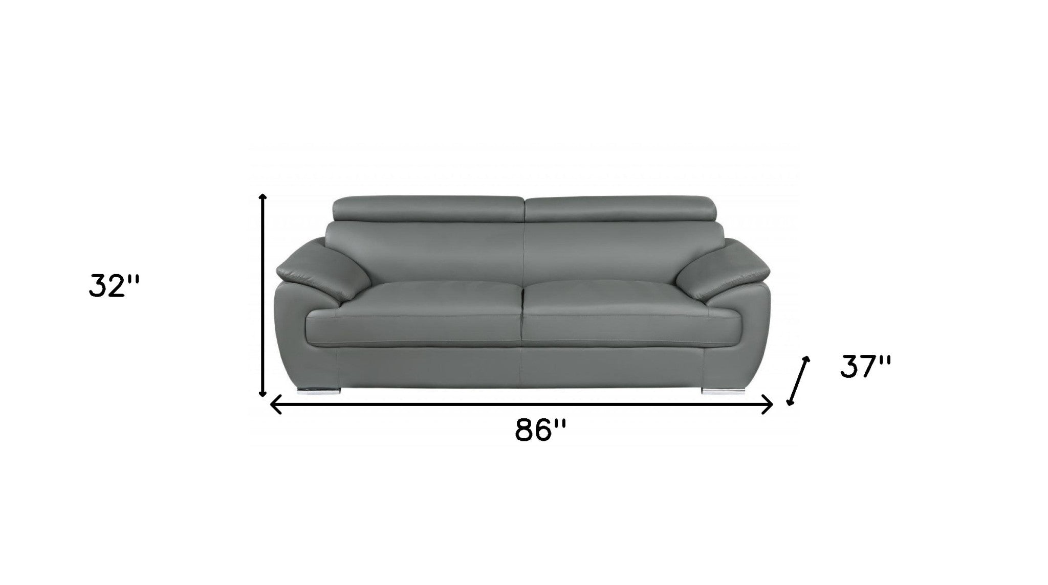86" Modern Gray Leather Sofa with Silver Stainless Steel Legs