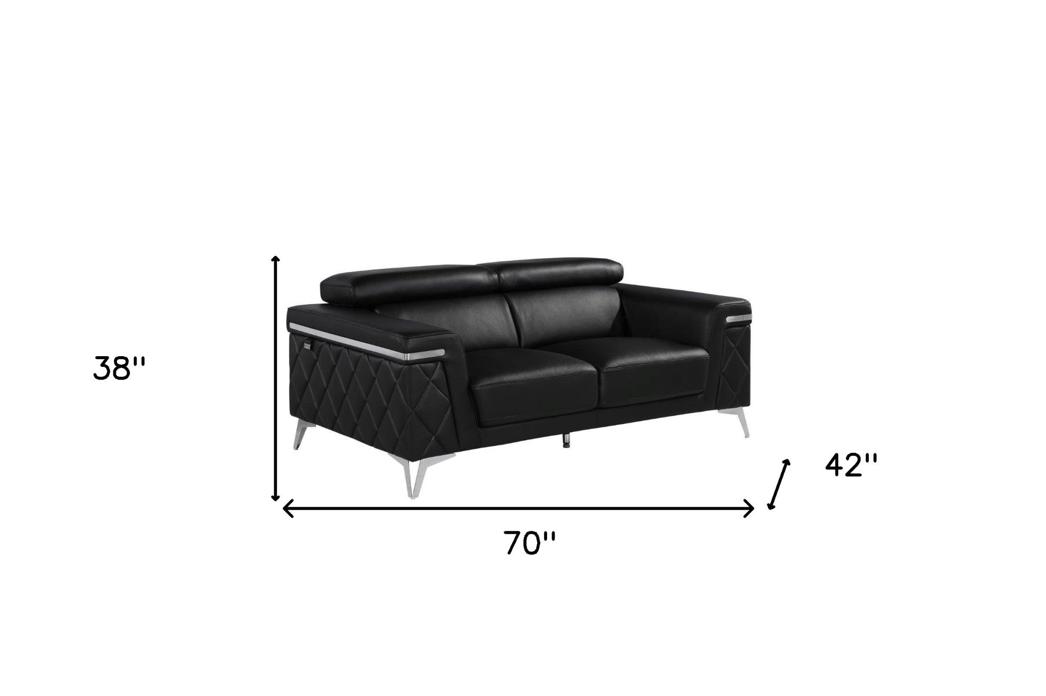 70" Contemporary Black Top Grain Leather Loveseat with Silver Metallic Legs