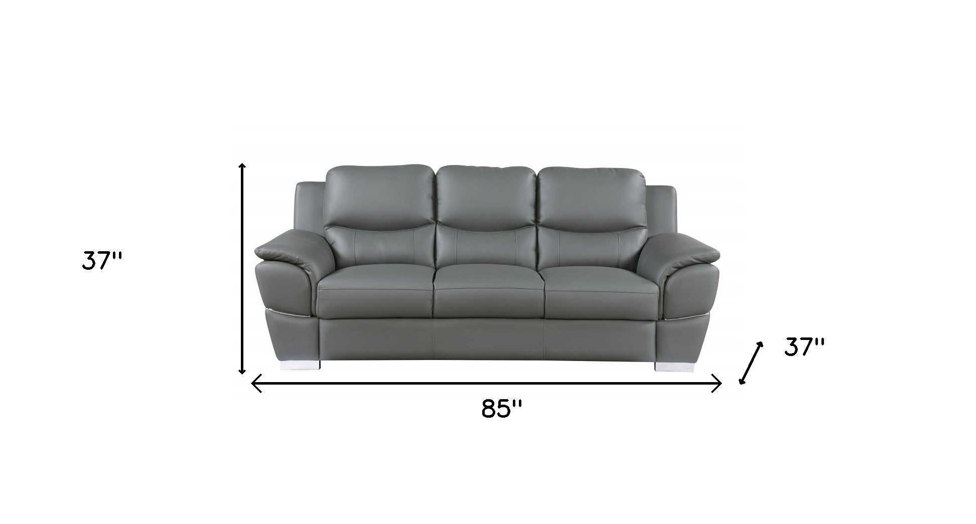 85" Modern Gray Leather Sofa with Silver Stainless Steel Legs
