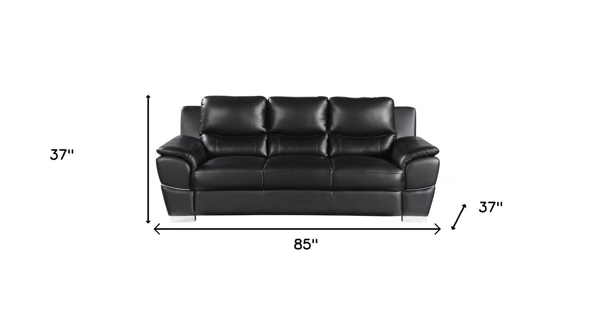 85" Modern Black Leather Sofa with Silver Stainless Steel Legs