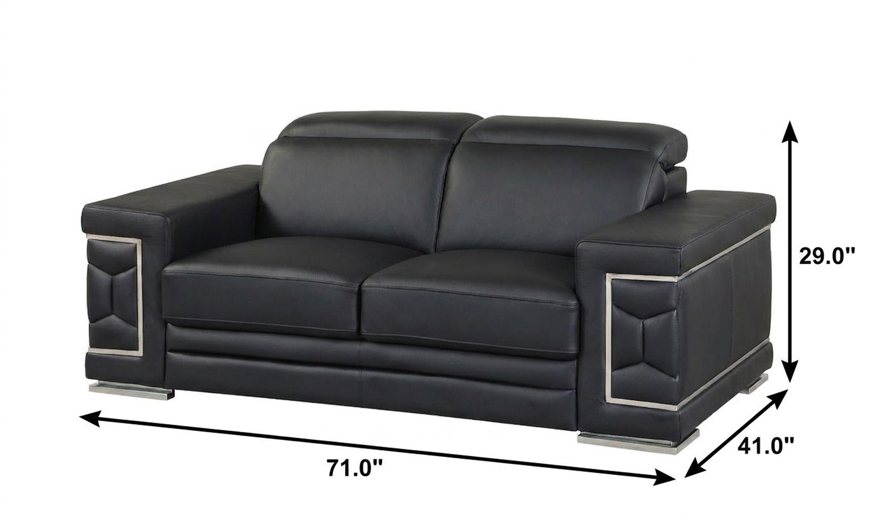71" Modern Black Genuine Leather Loveseat with Silver Legs