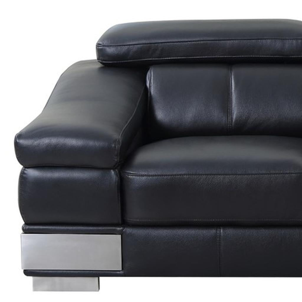 73" Black Genuine Leather Loveseat with Silver Legs