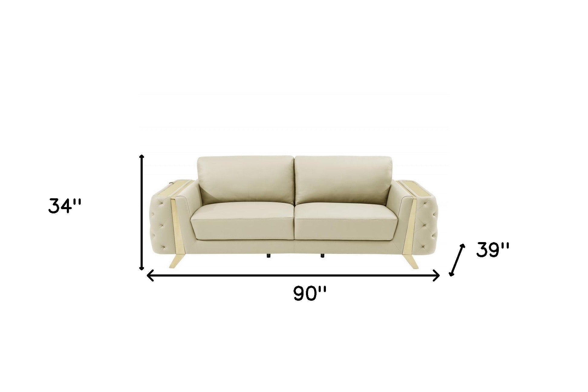 90" Contemporary Beige Italian Full Grain Leather Sofa with Gold Legs