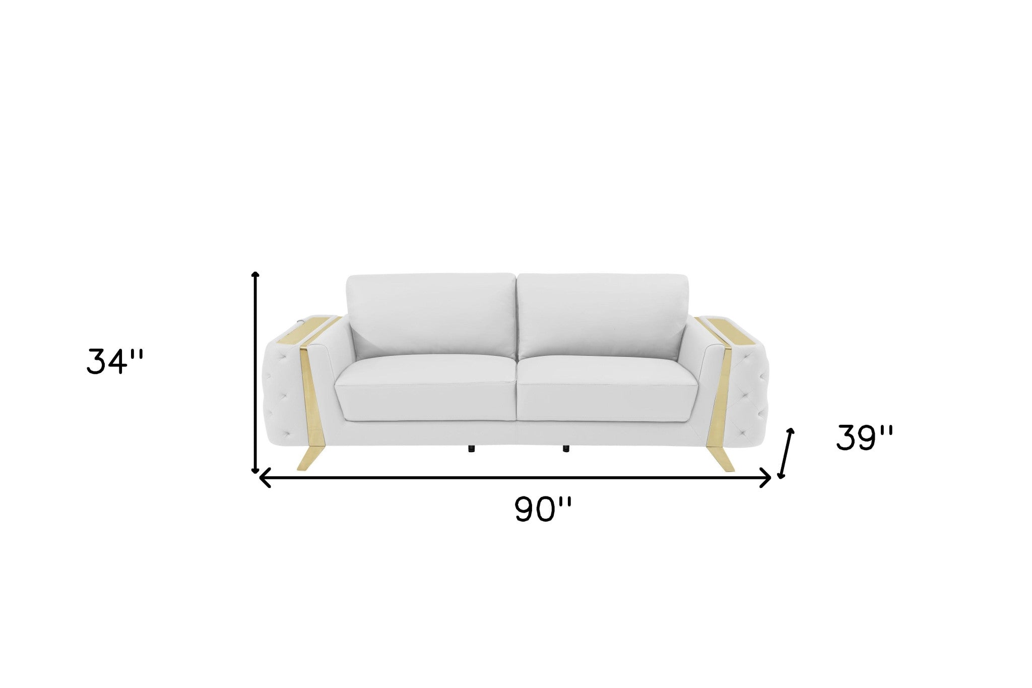 90" Contemporary White Italian Full Grain Leather Sofa with Gold Legs